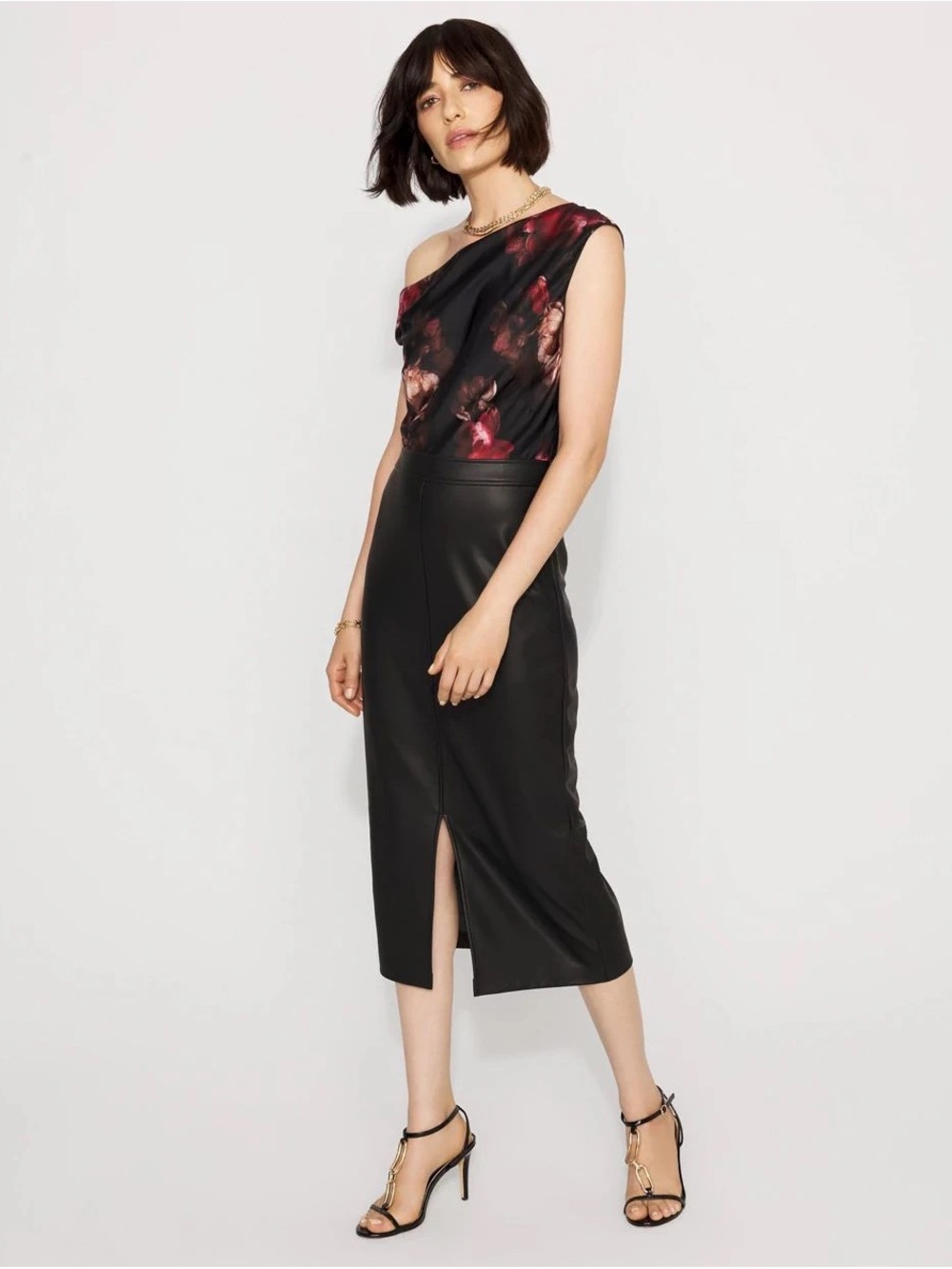 NWT White House Black Market Faux-Leather Midi Dress with Satin Bodice
